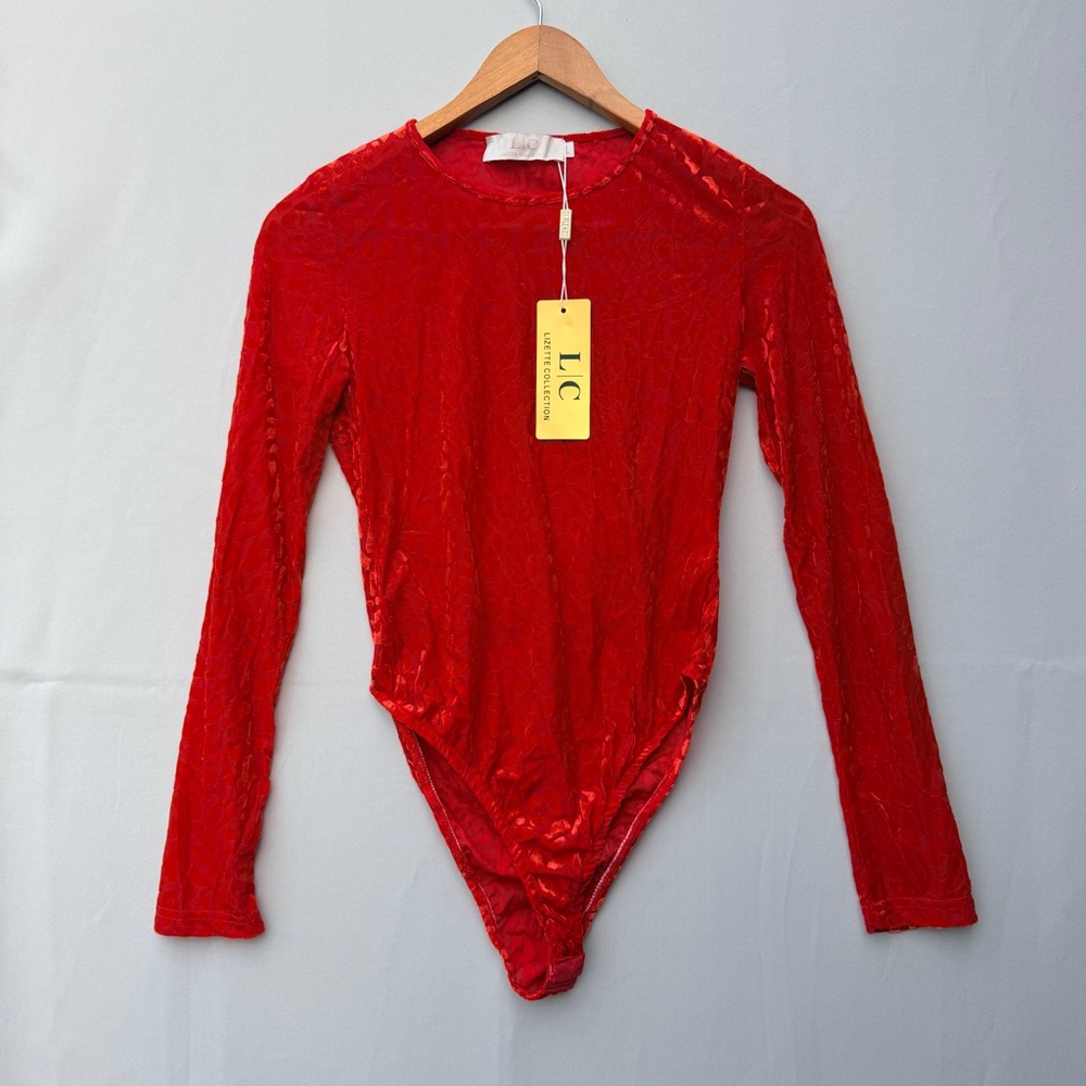 Lizette Collection Red Velvet Burnout Leopard Bodysuit - Long Sleeve Sz Large